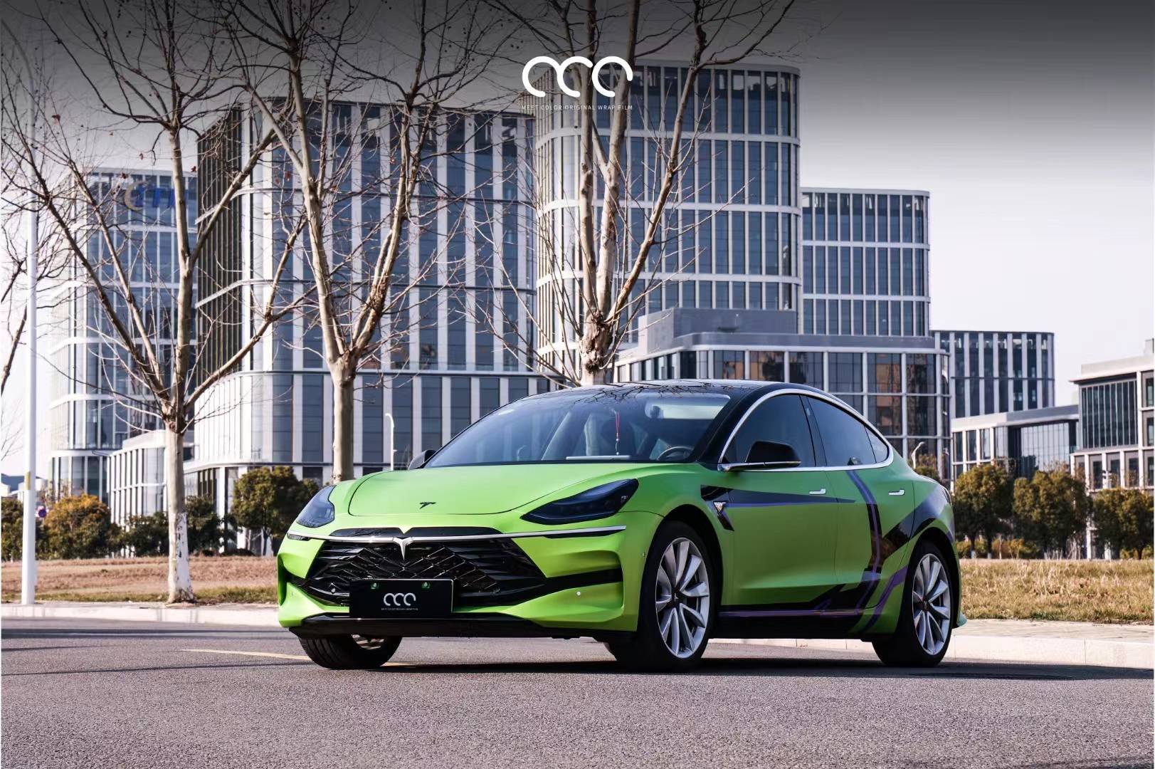 特斯拉 model 3漫彩改色膜渐变亚面赛道绿 yep拉花,出色更出彩_#meet