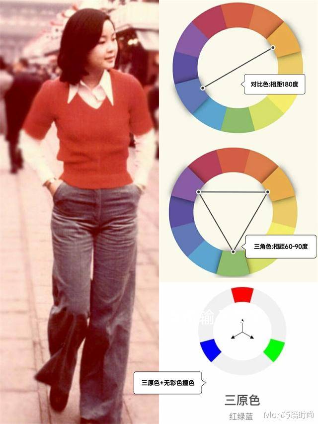 邓丽君在休闲风穿搭中的活力感,最主要的来源是活泼的撞色.