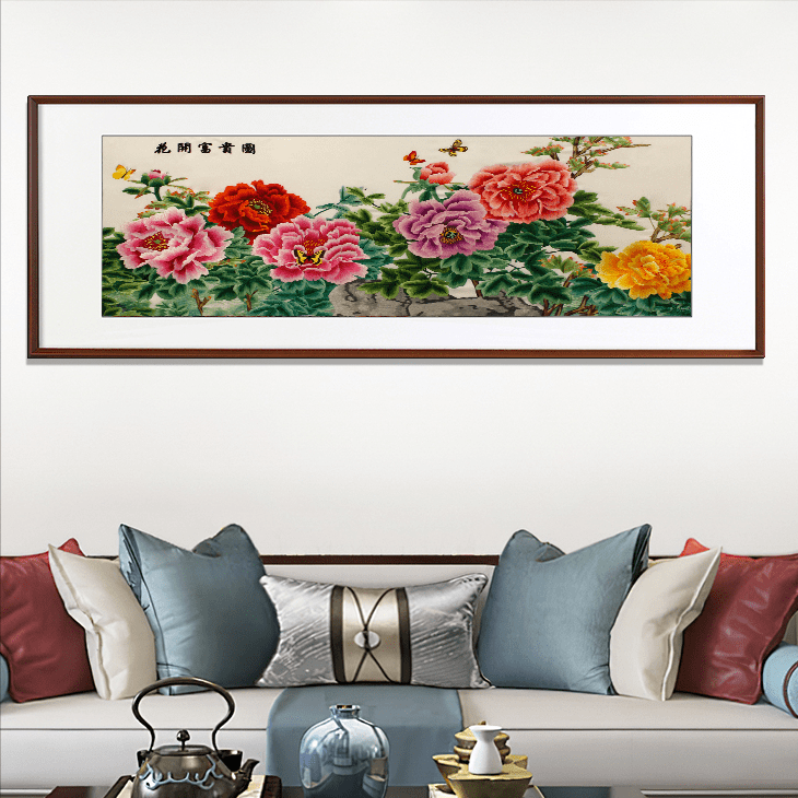 家中客厅挂画很讲究,挂上这幅画,助你富贵吉祥好运来_牡丹_寓意_刺绣