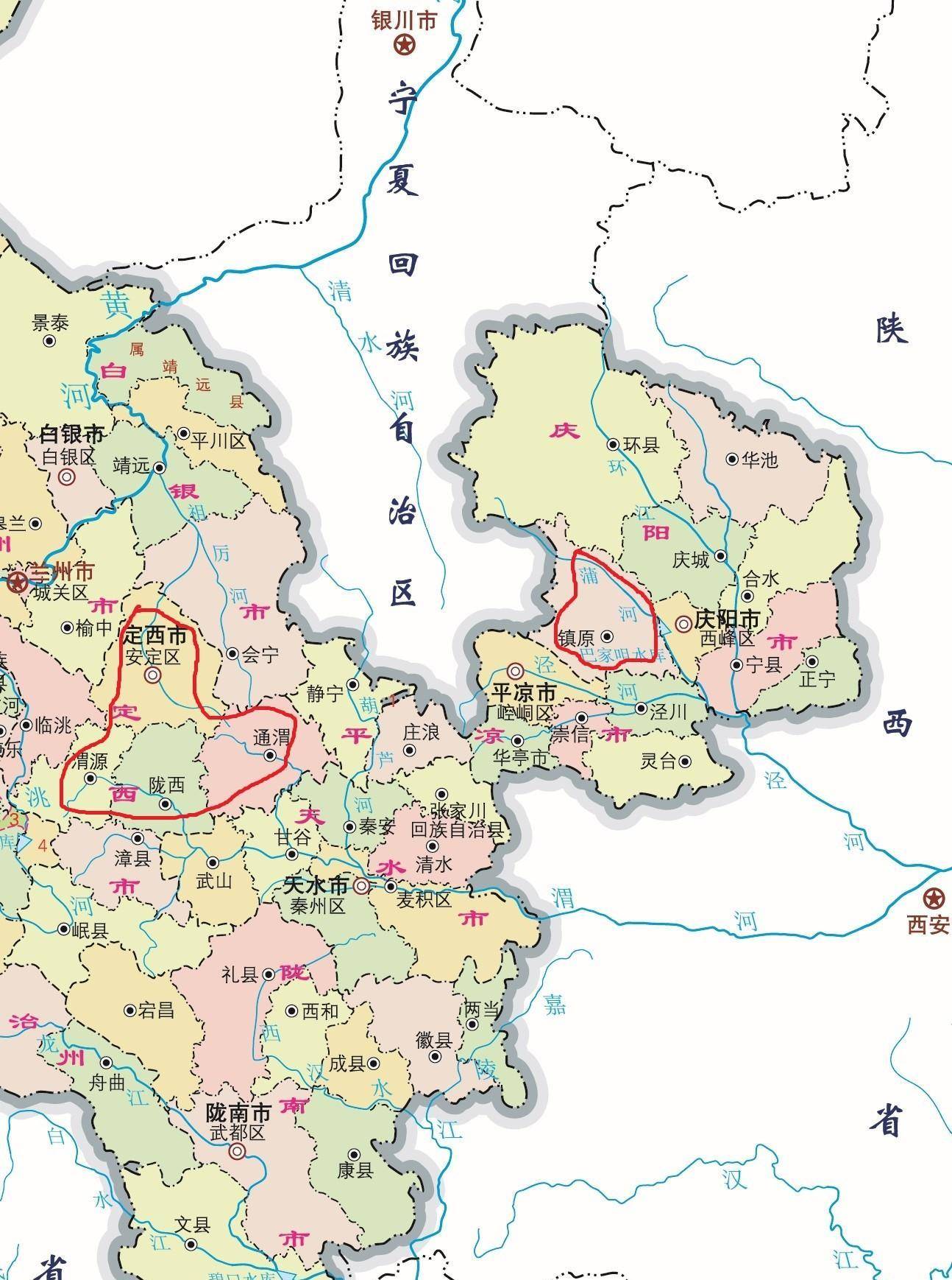 定西市安定区,通渭县,陇西县,渭源县位置如上图所示,镇原县的位置如下