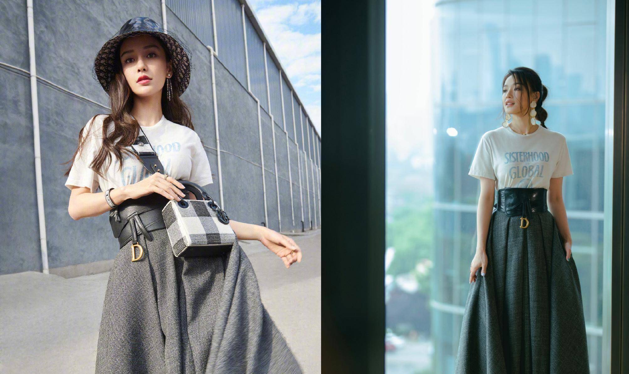 杨颖难怪能这么火,穿字母t恤配高腰半身裙,撞衫舒淇气场都不输_红色