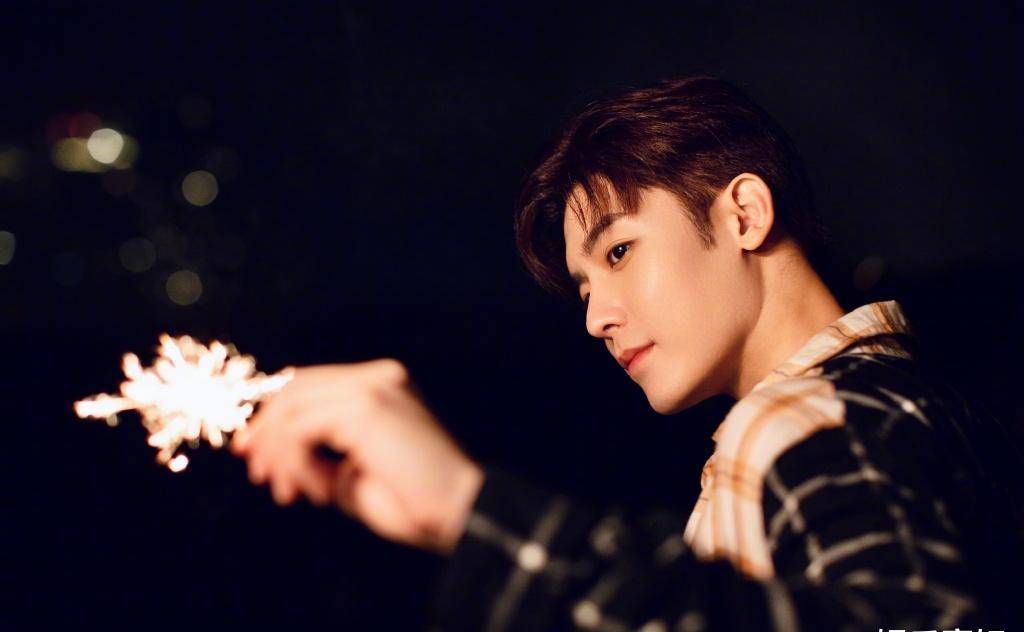 侯明昊生日烟花氛围写真,夏日夜晚,微风徐徐,穿格子衬衫的男孩_手持着