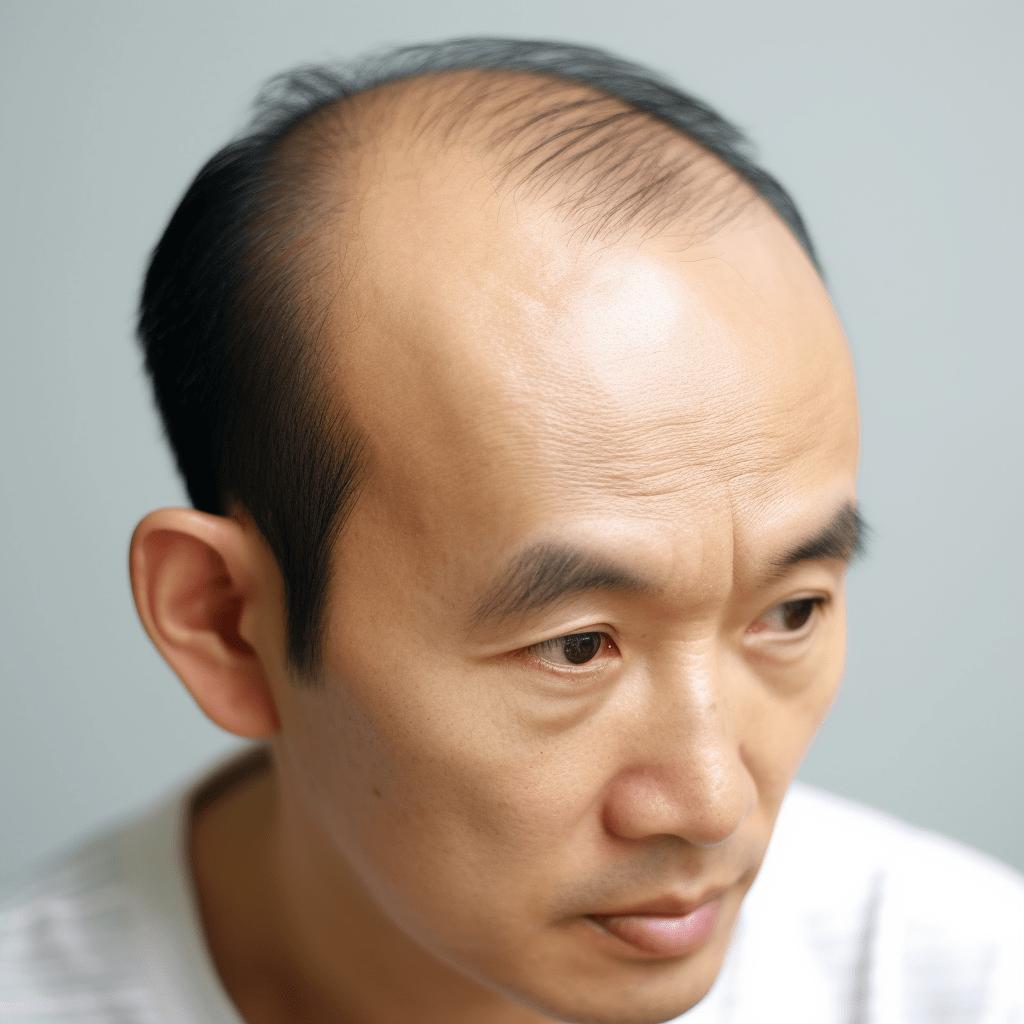 两个秃顶区域之间的头发要薄得多，头皮甚至可以反光，说明毛囊闭合状况严重。