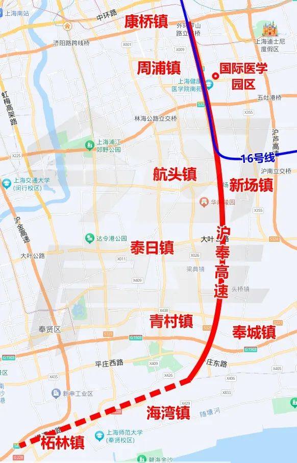航头镇,新场镇,奉贤中心镇(奉城),泰日镇,青村镇,以及远期规划段附近