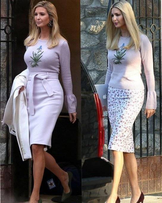 伊万卡身穿印花毛衣配碎花包臀裙,减龄10岁不止,发型显得更少女_腰带