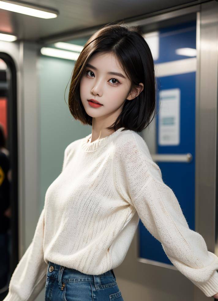 精美高清壁纸:时尚女神在地铁里,白色毛衣搭配蓝色牛仔