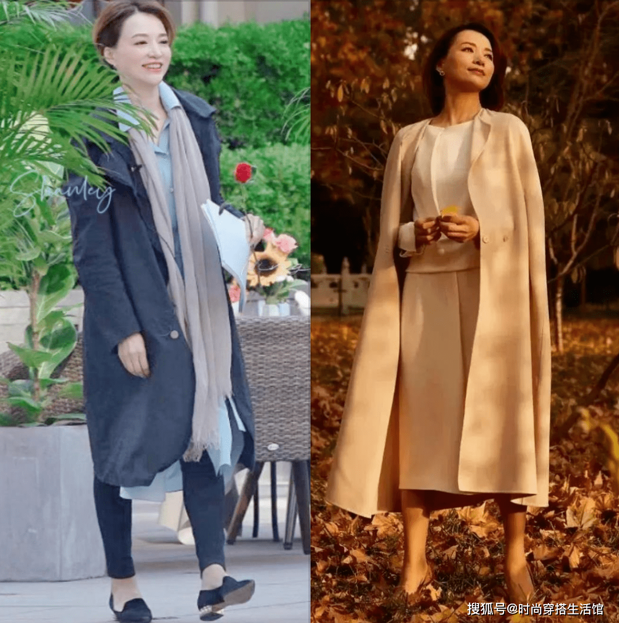 在搭配长款大衣加衬衫裙时,董卿并没有选择光腿,而是穿了一条小脚裤加