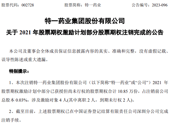 特一藥業2021年股票期權激勵計劃部分股票期權註銷完成_公司_對象_行