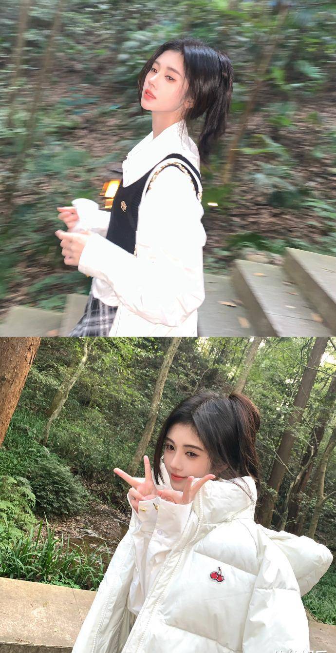 鞠婧祎分享出游美照,甜美迷人似初恋,纤细美腿超抢镜_白色_网络_公园