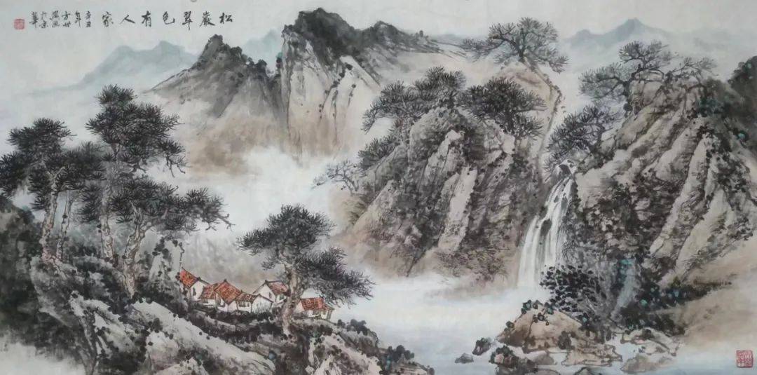 元日展会友 行近壮人作1.5尺幅立 水墨山水渓山清趣 縦193cm 幅54cm 元日展会友 行近壮人作1.5尺幅立 水墨山水渓山