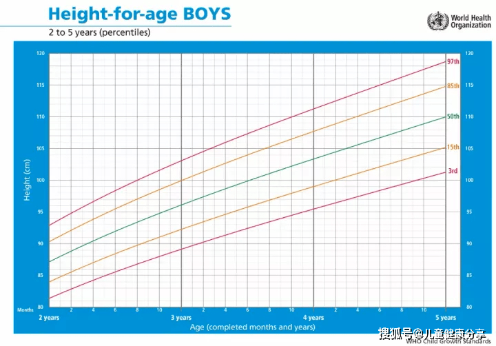 who 2-5歲男孩身長-年齡生長曲線圖如何解讀:● 當中綠色線