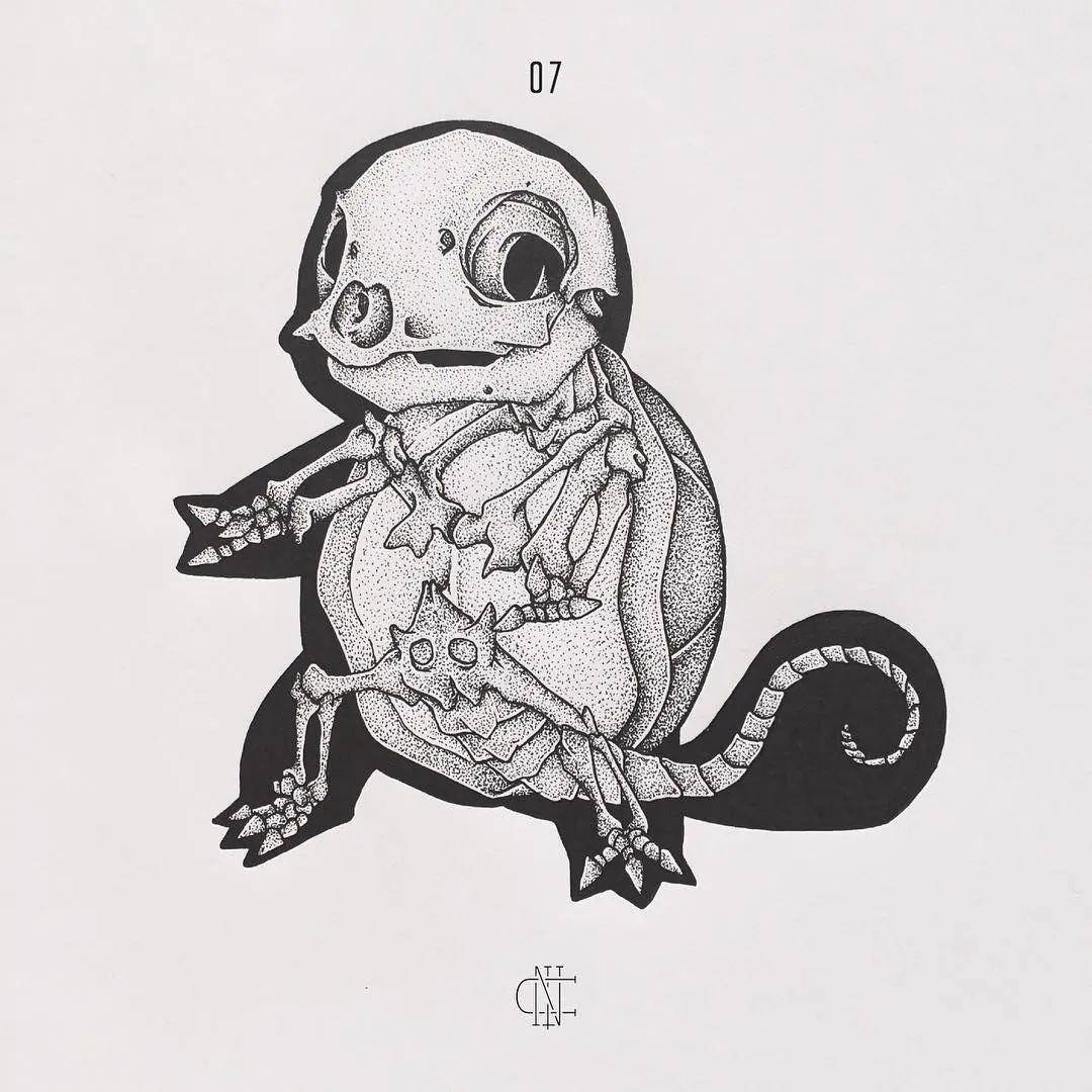 对比下原图,他基本上就是在原图的黑色剪影上绘制出的宝可梦骨骼  来