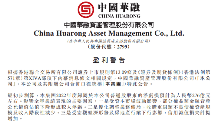 2022年净亏损预计约276亿元，你还看好中国华融吗？
