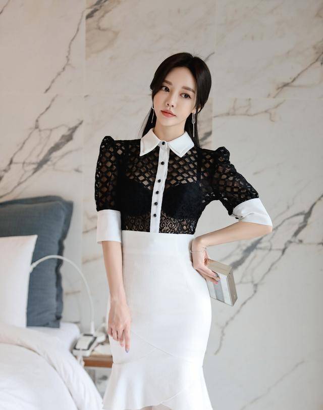 蝴蝶|孙允珠韩版黑蝴蝶网格透丽衬衫配搭白色端庄高腰鱼尾裙网拍