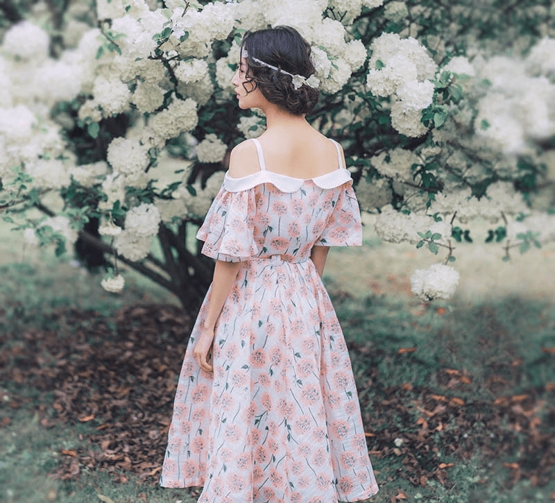 种草露肩连衣裙 欧根