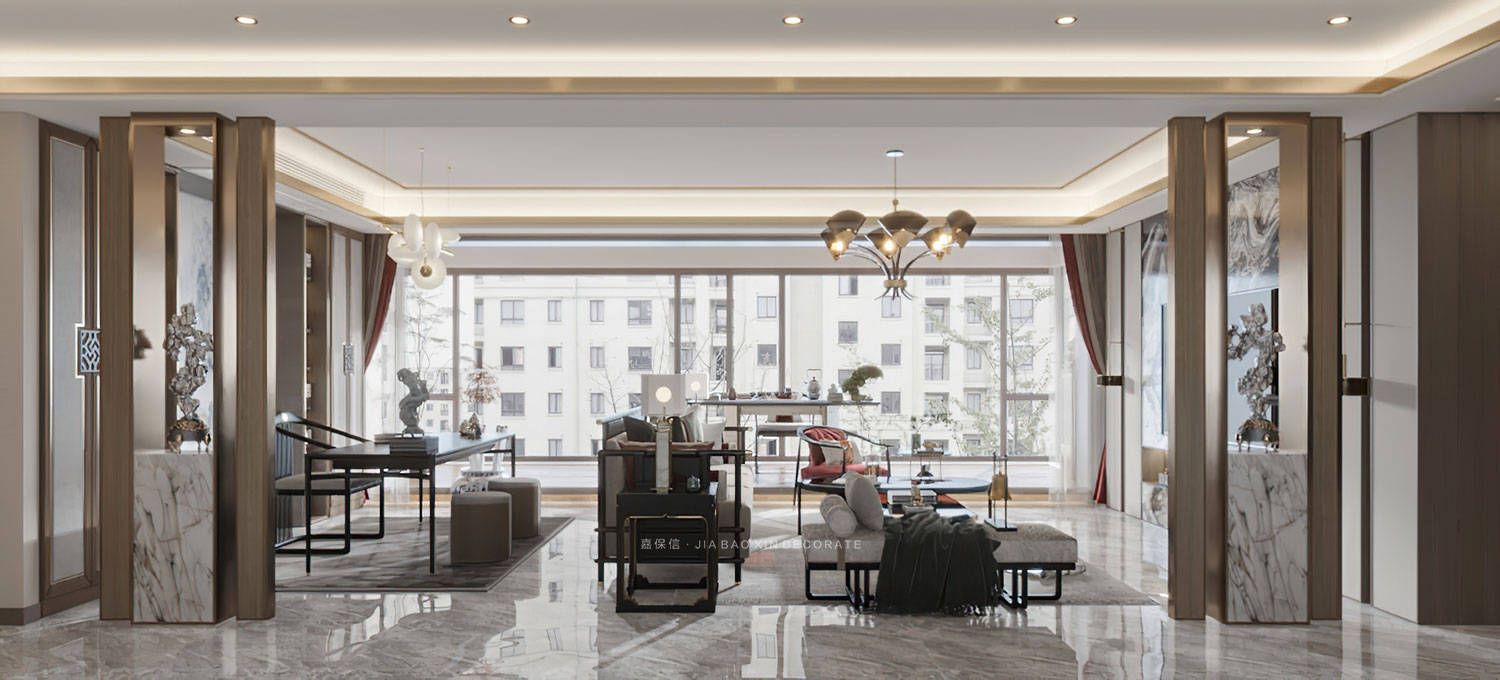 威海嘉保信丨观湖阅山178平大平层现代中式风格装修多图