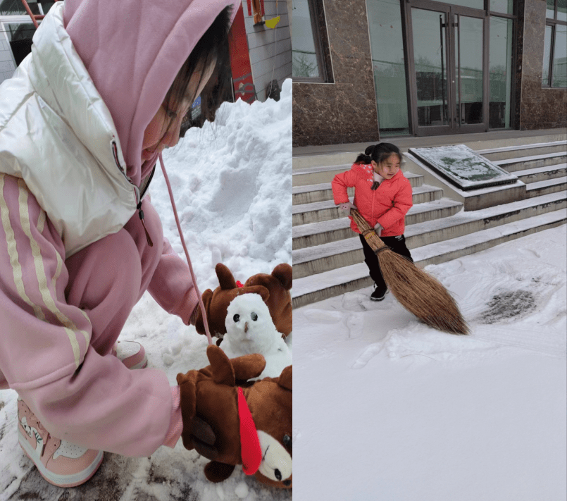 小学生扫雪的照片图片