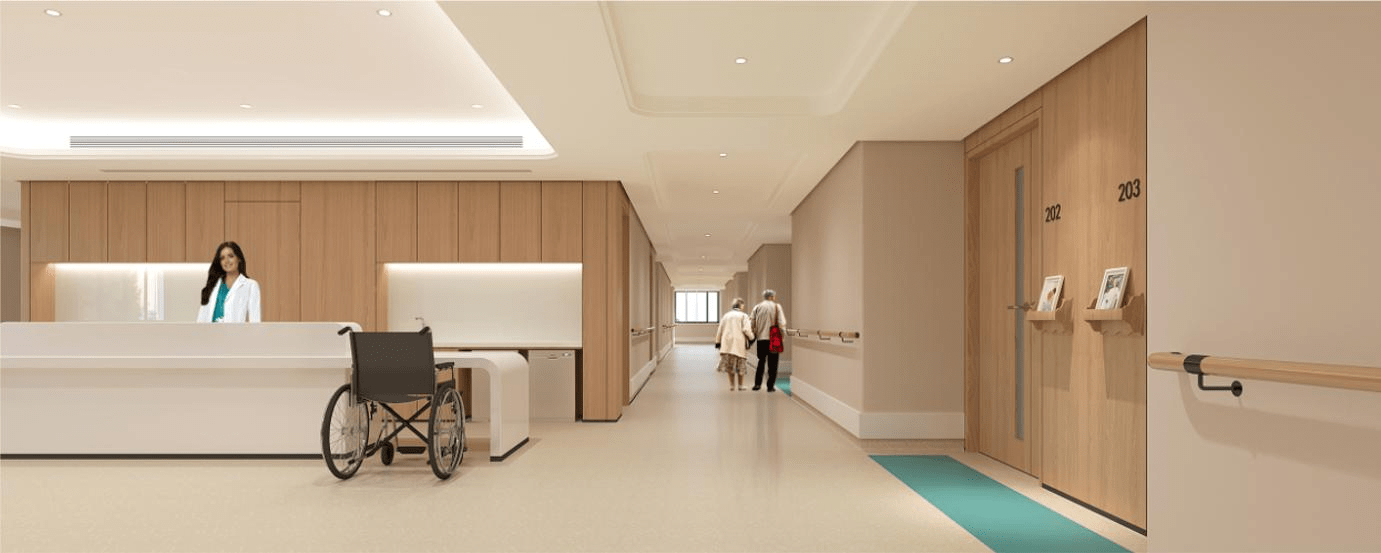 椿怡护理院护理区(2-5楼)效果图养老区(6-9楼),提供介护服务,为高龄