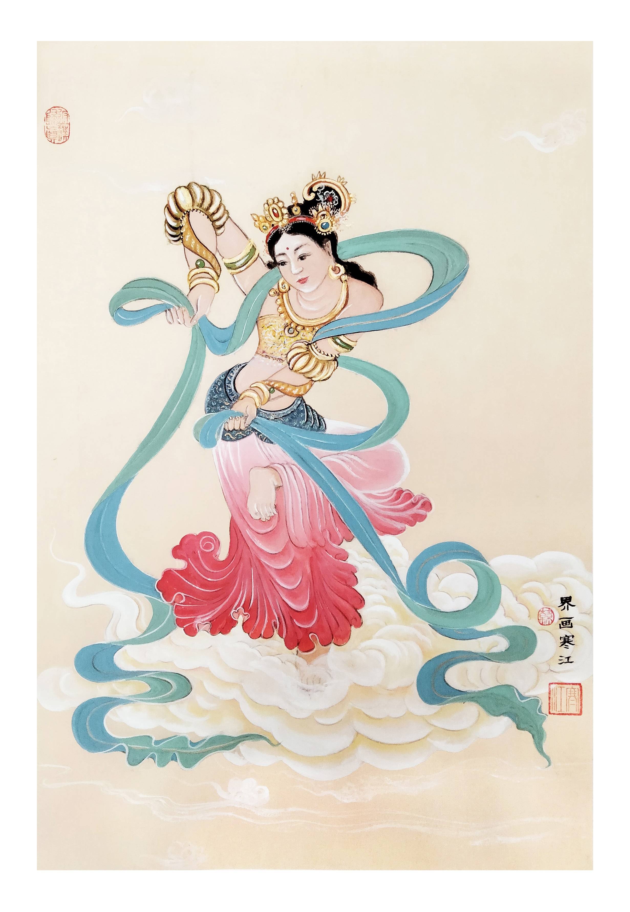 界画寒江---工笔神仙人物画《飞天》改版_效果_鸟儿_装框