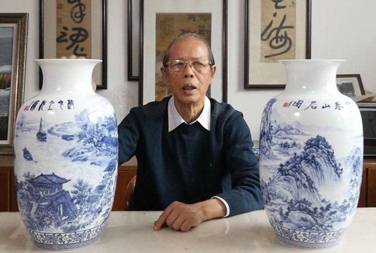 中国工艺美术大师王怀俊创作 《国宝双绝》青花瓷对瓶