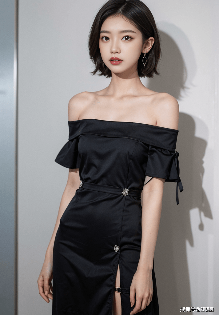 高清美女壁纸,身穿黑色无肩带连衣裙的超美短发小姐姐_五官_微微_是一