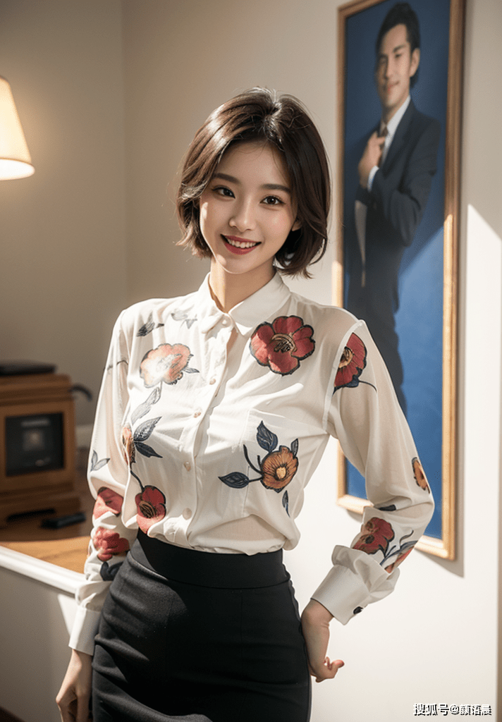 高清美女壁纸:短发女神,身着白色印花衬衫与黑色铅笔裙_气质_身材