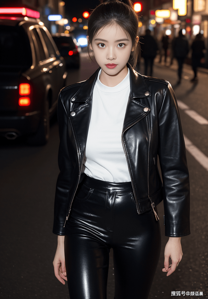 美女壁纸:繁花似锦的夜晚,黑色皮衣女神的时尚魅力_街道_都市_皮夹克