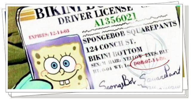从海绵宝宝的驾驶证中可以看到,他出生于1986年7月14日.