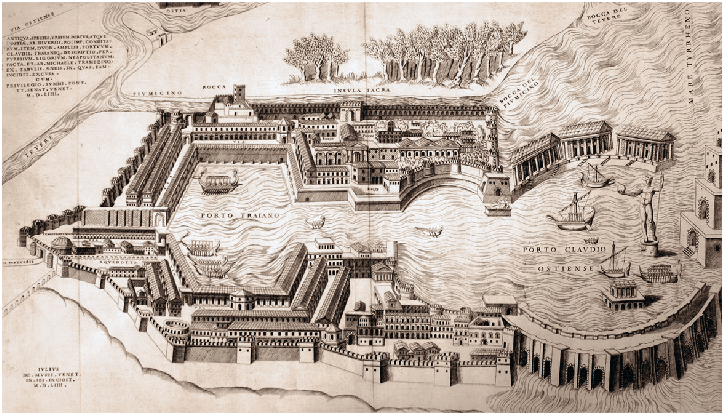 第二单元,海陆交汇:港口与城市,展示了地中海与台伯河沿岸港口城市