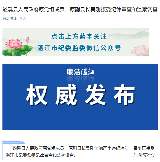 遂溪县人民政府原党组成员,原副县长吴刚涉嫌严重违纪违法,目前正接受