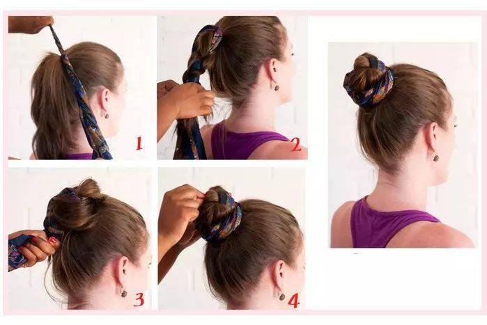 用扎丸子头的方法将头发扎在靠近脖子的位置,拿丝巾绕个圈再绑个蝴蝶