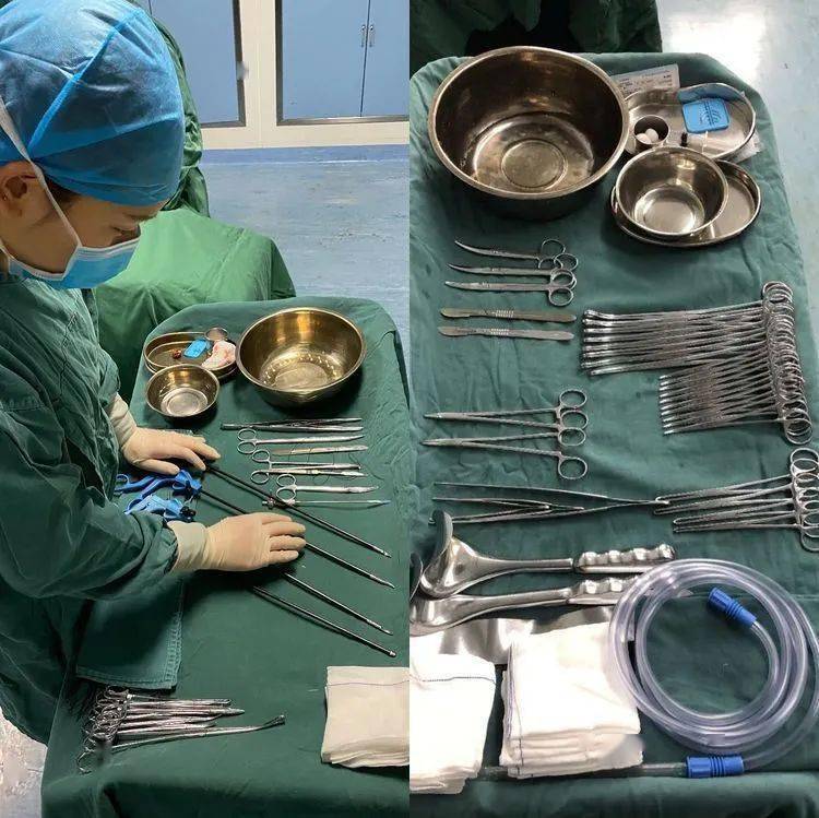 清点器械及所有物品,护士将手术器械拿出摆放在手术台旁边一一排放