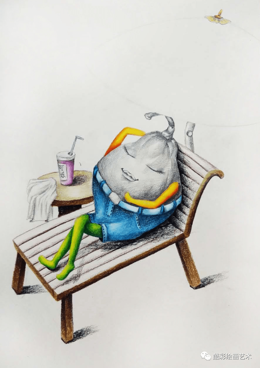 最后用水粉为梨画出背景色,表现出一幅阳光明媚,晴空万里,悠闲自得的