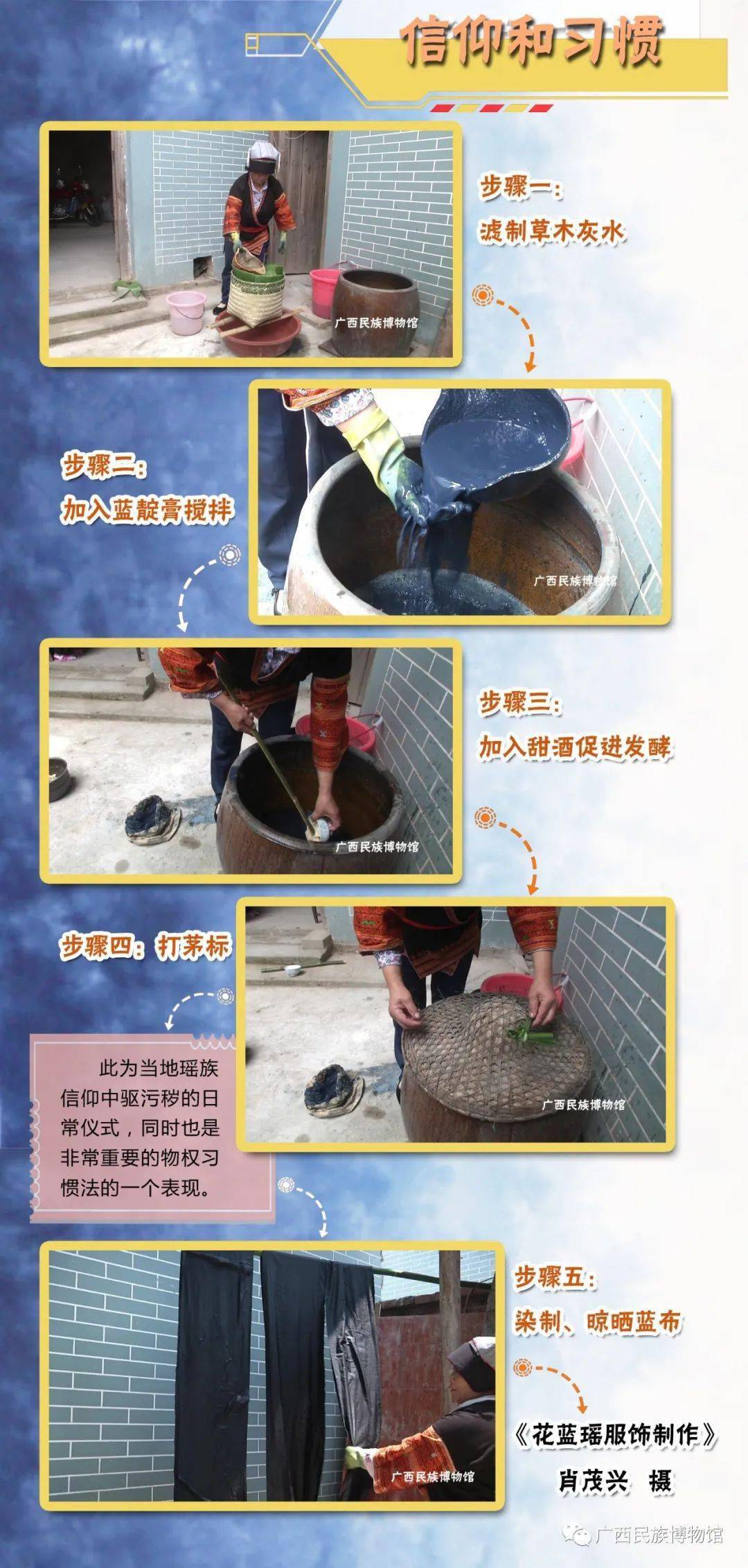 其次,染布的过程不仅抓住了"染"的相关动作,更注意以信仰和习惯法作为