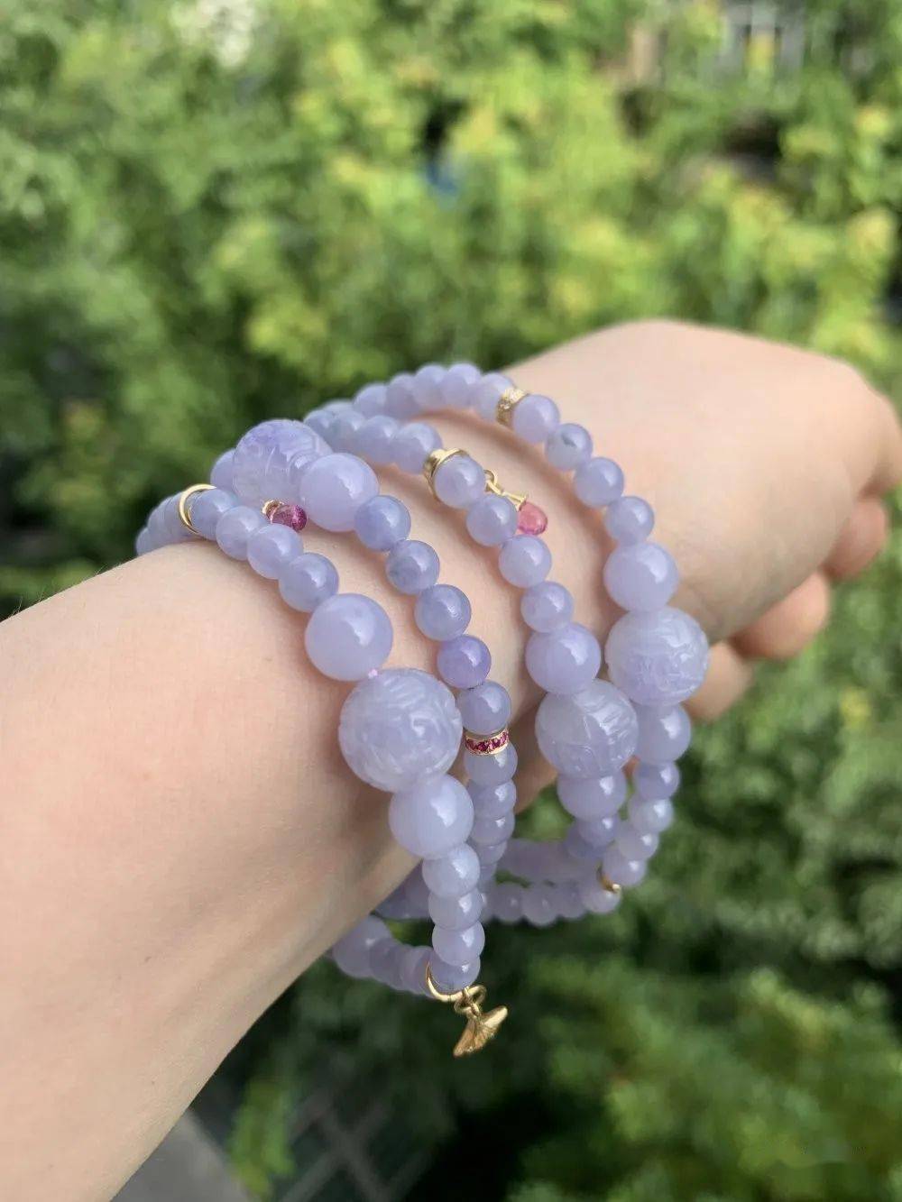 原创冰种粉紫珠串 美不胜收_翡翠