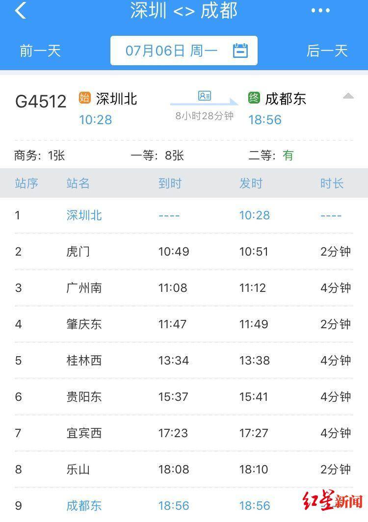 成都至深圳直达高铁今起开通,最低票价6725元