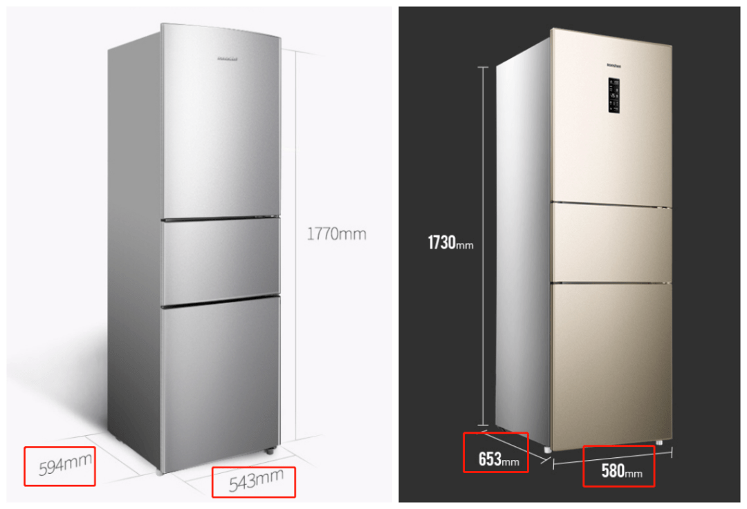 再來看看某寶銷量比較好的兩款三門冰箱尺寸,最小也需要54.3公分!