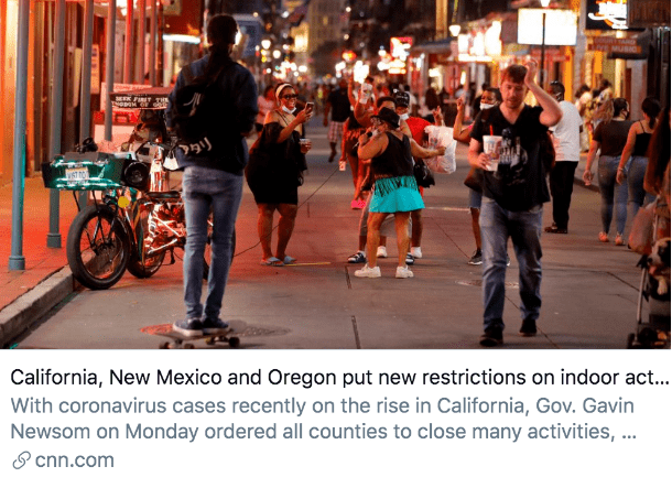 加州,新墨西哥州和俄勒冈州对室内活动实施新的防疫措施.