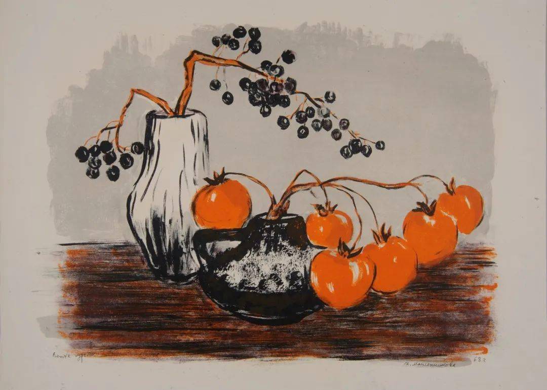 玛斯列妮柯娃·И·Н《静物·柿子》36x47cm 套色版画1968年