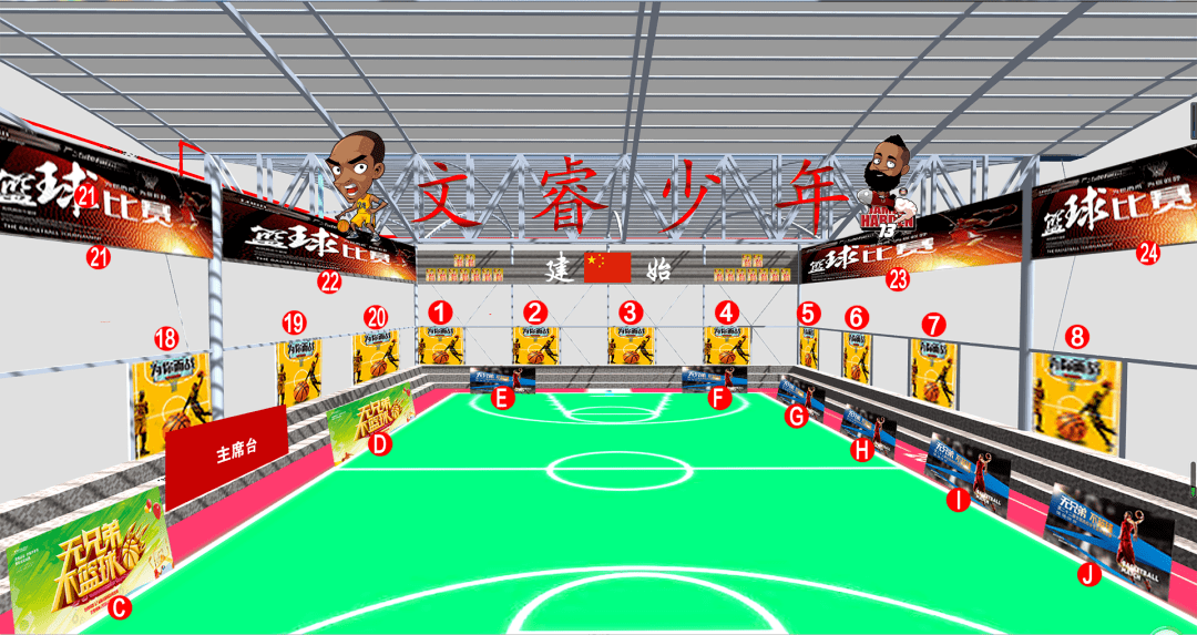 1,现场广告位置(具体广告位分布)一,赞助商权益:篮球馆整体效果图本届