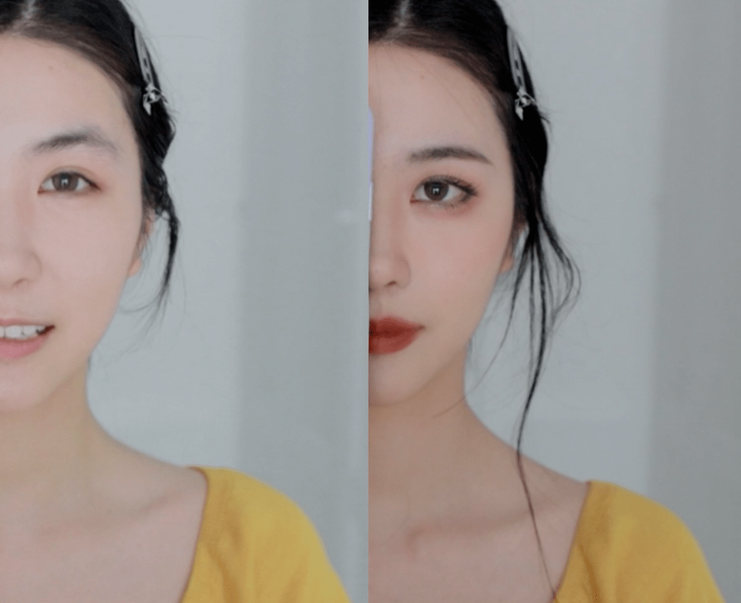 左半边脸的妆前妆后对比,左半边脸显得眼位比较高,鼻子长,面中的留白