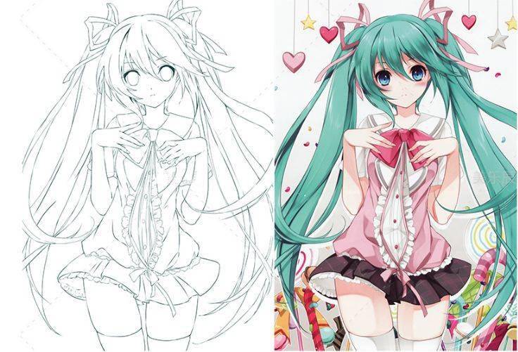 马克笔线稿加上色大量动漫女生手绘效果图