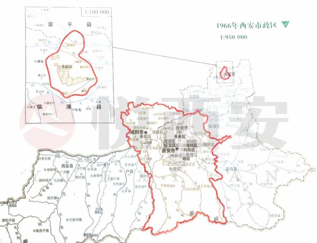 1966年西安行政區劃圖1955年1月1日,西安調整行政區劃,將12個區和部分