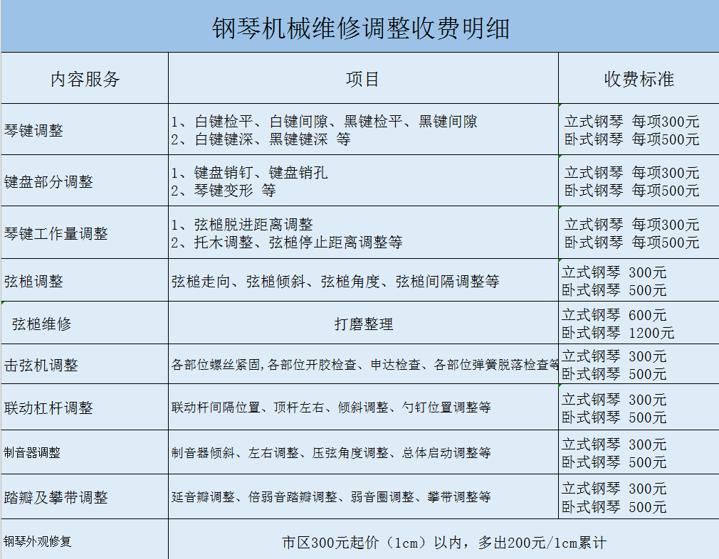 爱乐琴行调律收费标准