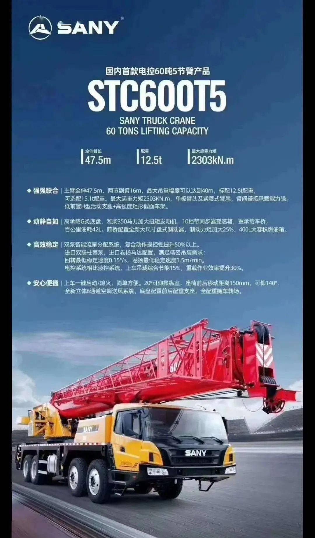 三一国内首款电控60吨5节臂吊车,臂长47.5米,配重12.5吨_手机搜狐网