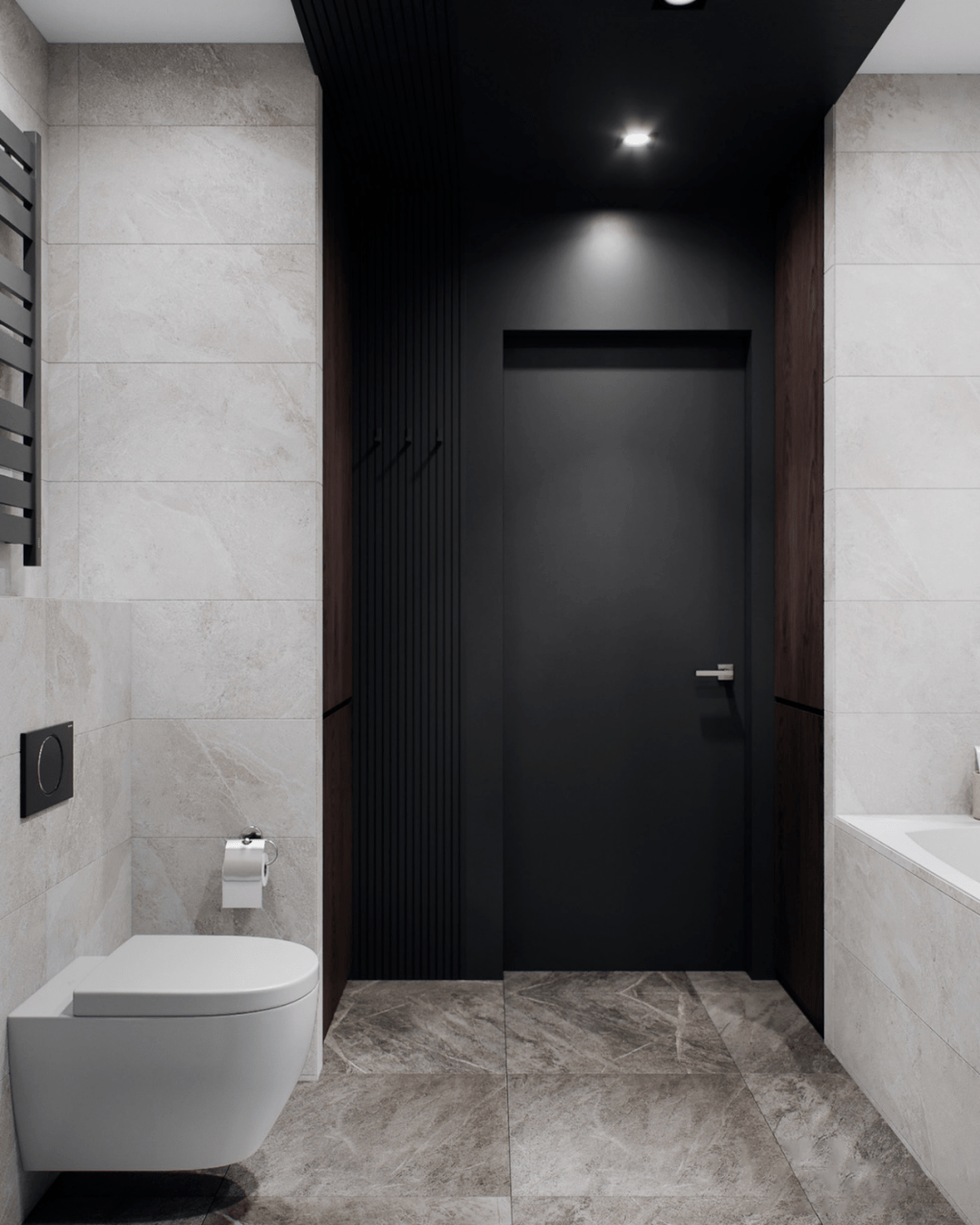 卫生间与整体风格相呼应,  磨砂黑色和  白色大理石墙面形成对比,浴缸