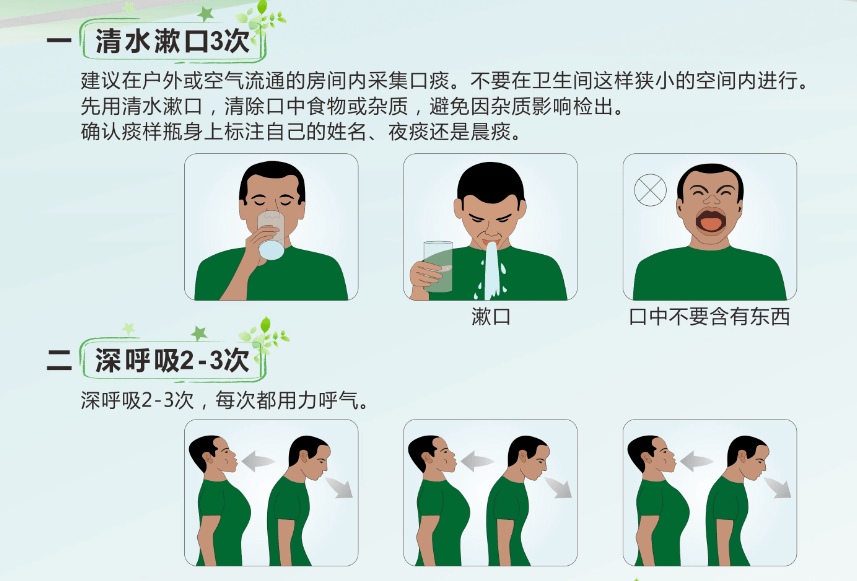 (2)留痰注意事项:①复查的肺结核应收集2个痰标本——夜间痰和清晨痰