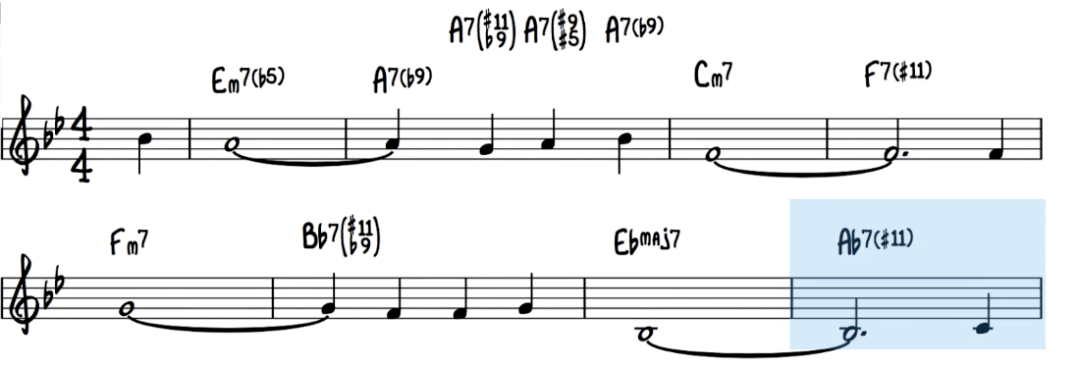 然后继续分析第二个8小节,由bbmaj7开始,像这样排列,这是个bbmaj6
