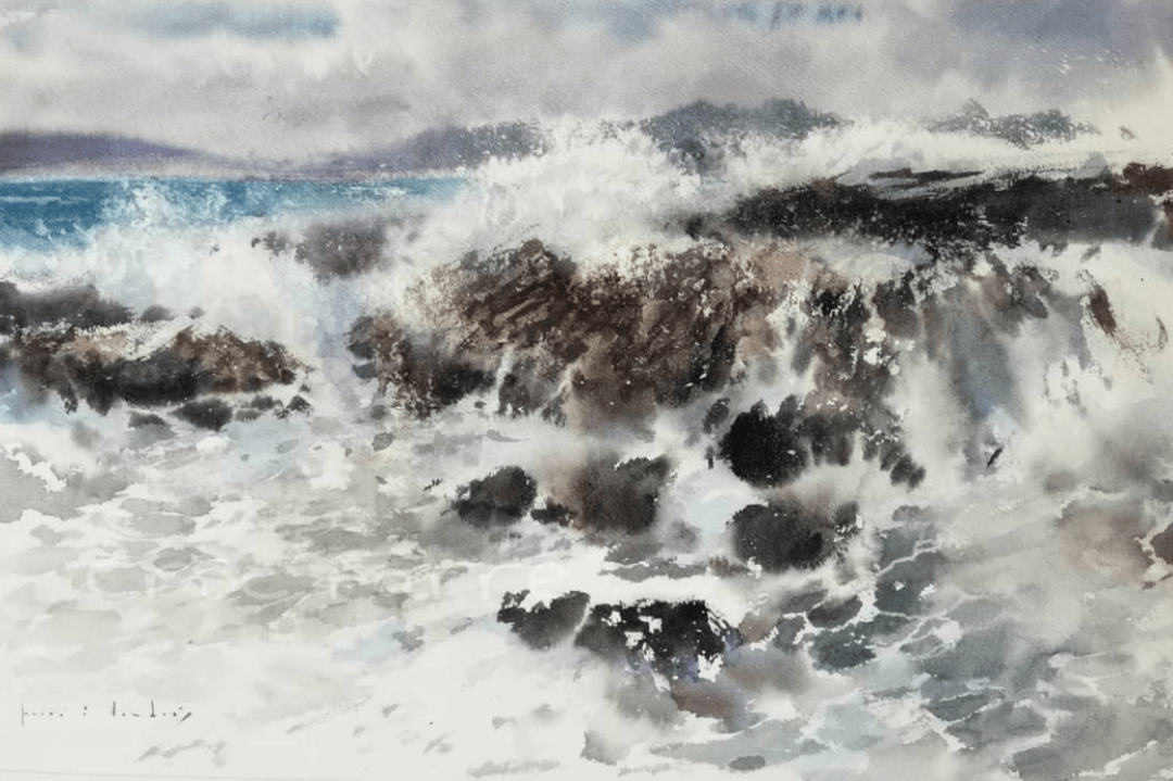 巴塞罗那水彩画家cescfarre作品欣赏礁石海浪