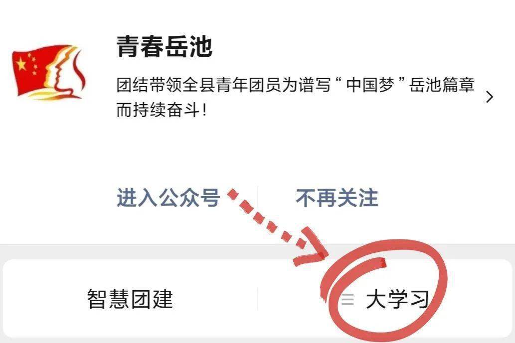 关注" 青春岳池"或"  天府新青年" 公众号,从菜单栏的"  大学习" 进入